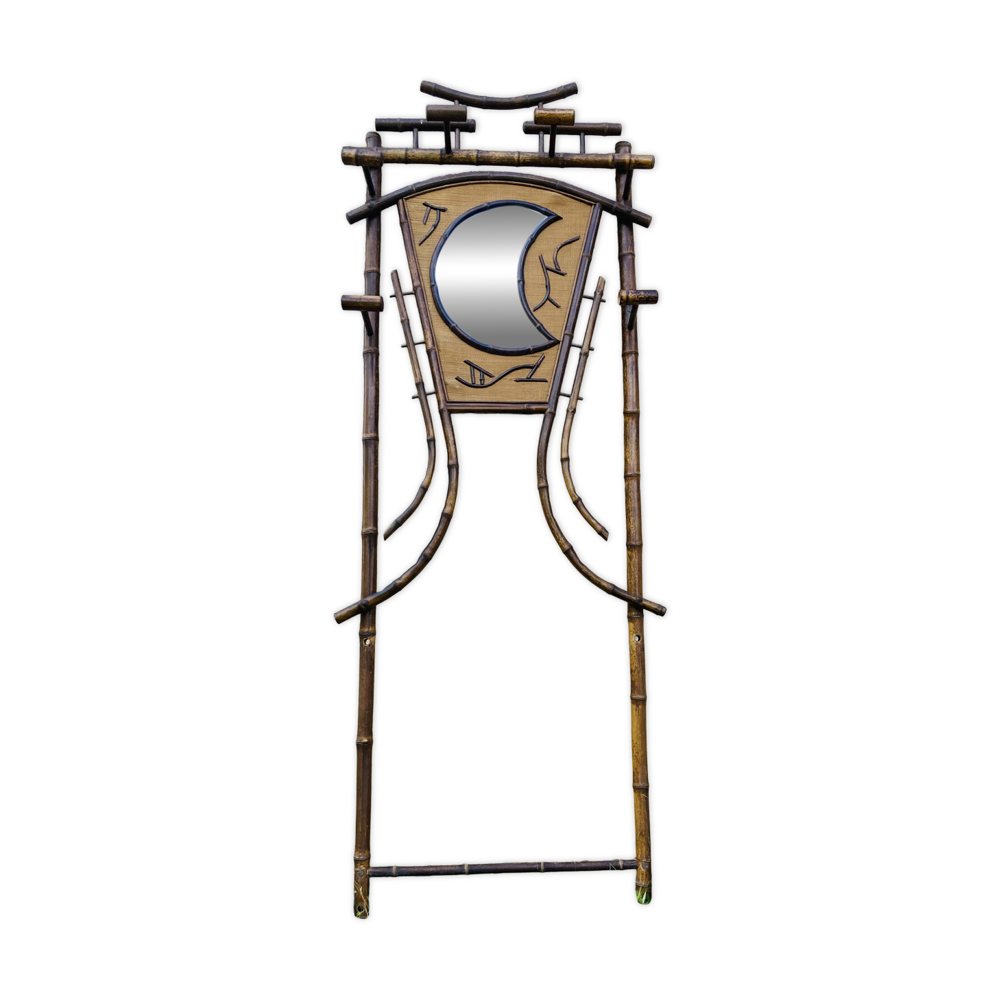 Bamboo coat rack from the 19th century, mirror in the shape of a crescent moon.