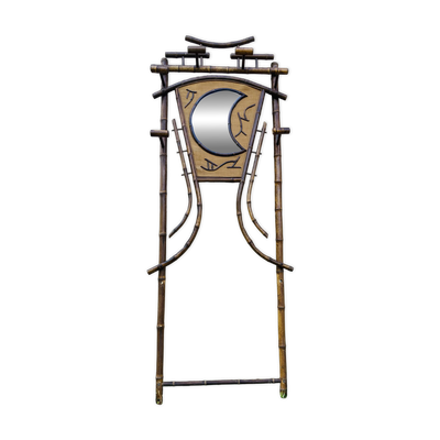 Portemanteau Bambou époque XIXe miroir en forme de croissant de lune