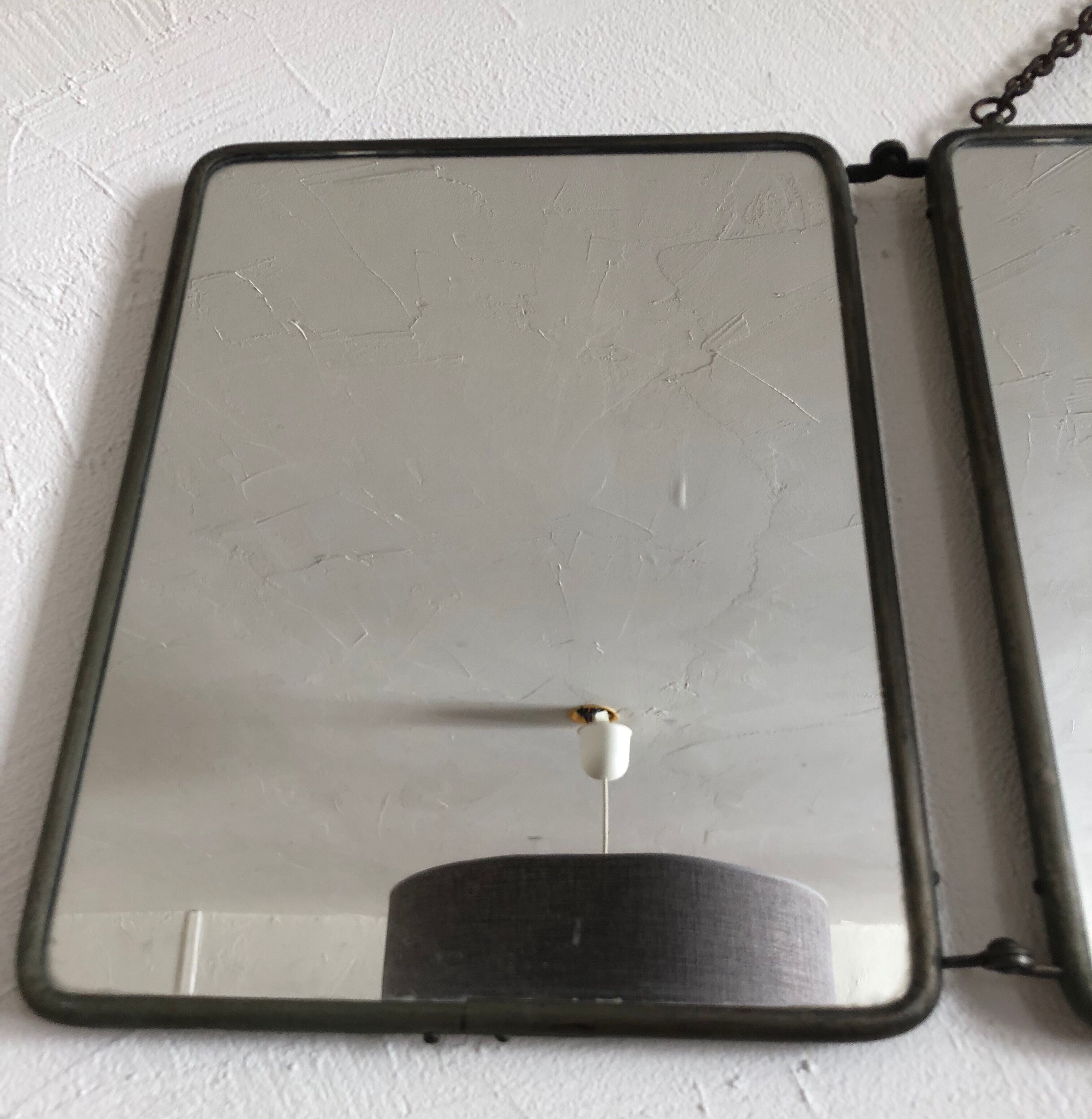 Ancient barber mirror, tryptic brass mount 60x24cm