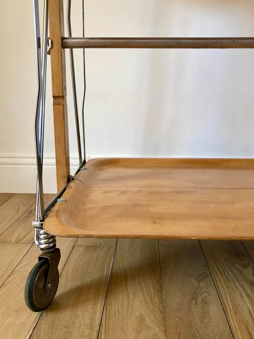 Metal trolley in beech wood and metal upright from the 60s