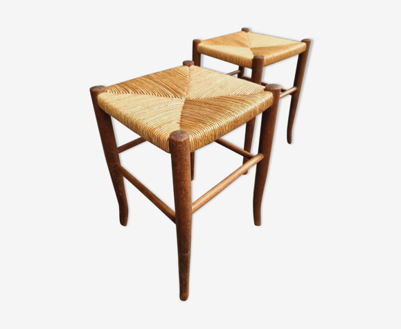 Tabourets en bois avec siège en osier Français