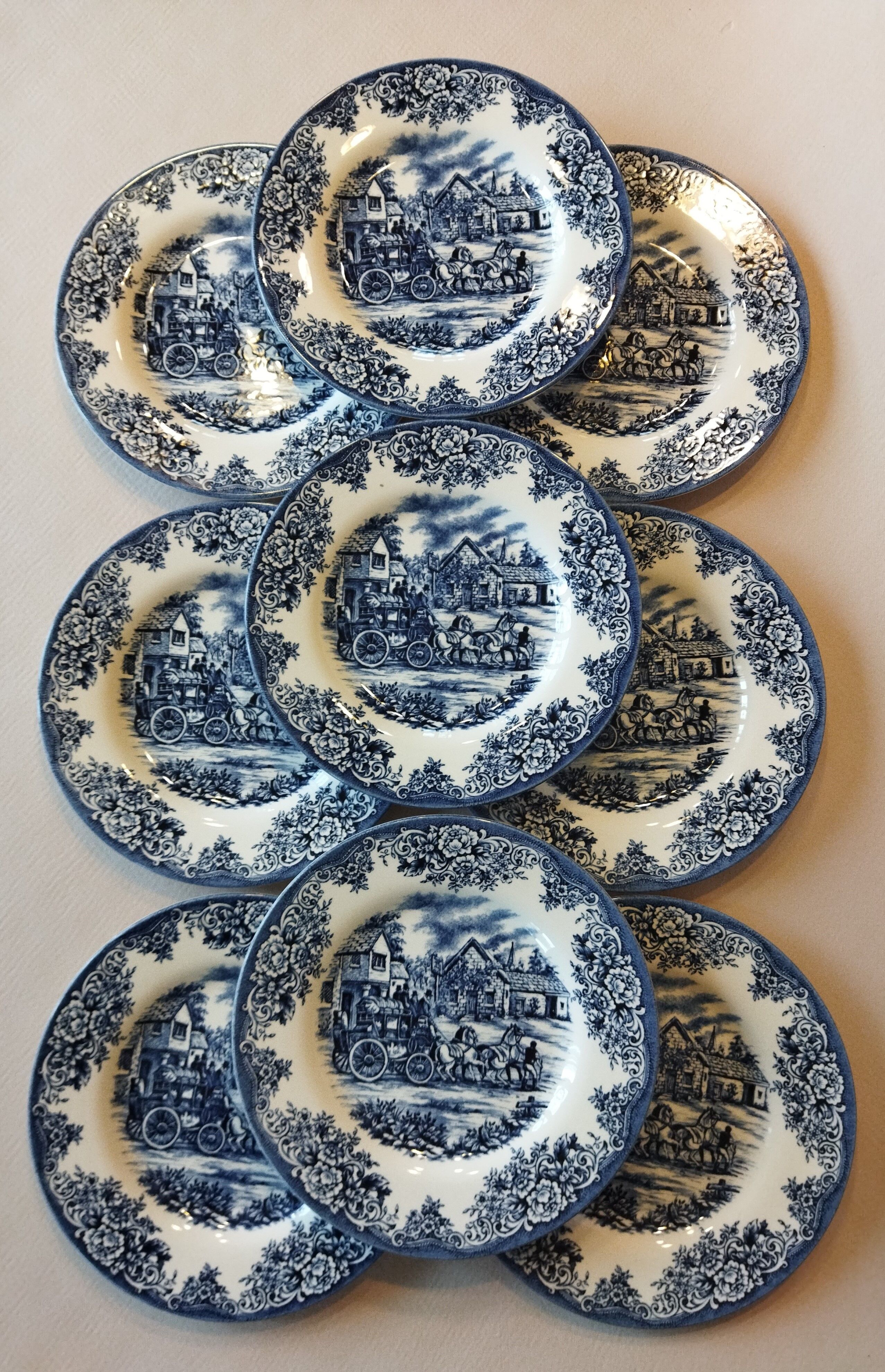 Set of 9 dessert plates English style blue & white