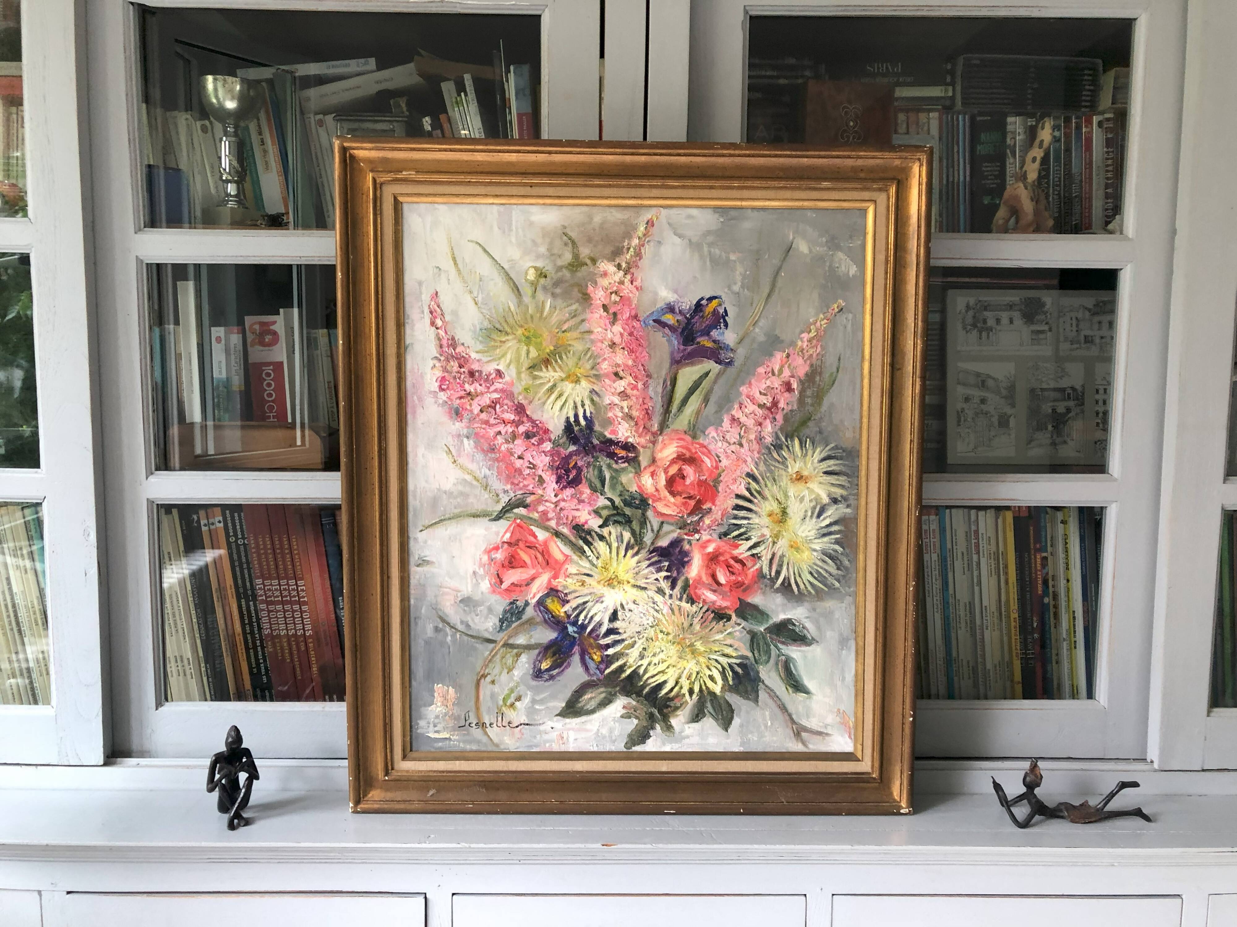 Old painting bouquet of pink flowers, iris, lupine, dahlia