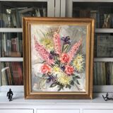 Old painting bouquet of pink flowers, iris, lupine, dahlia
