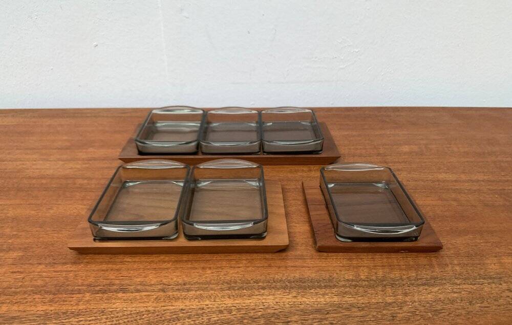 Danish mid-century teak plateau with Holmegaard glass serving trays, 1960s, set of 9.