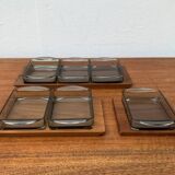 Danish mid-century teak plateau with Holmegaard glass serving trays, 1960s, set of 9.