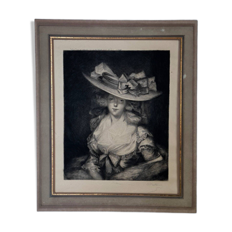 English engraving: Young woman with a hat, signed Waltner, dated 1880 SC265