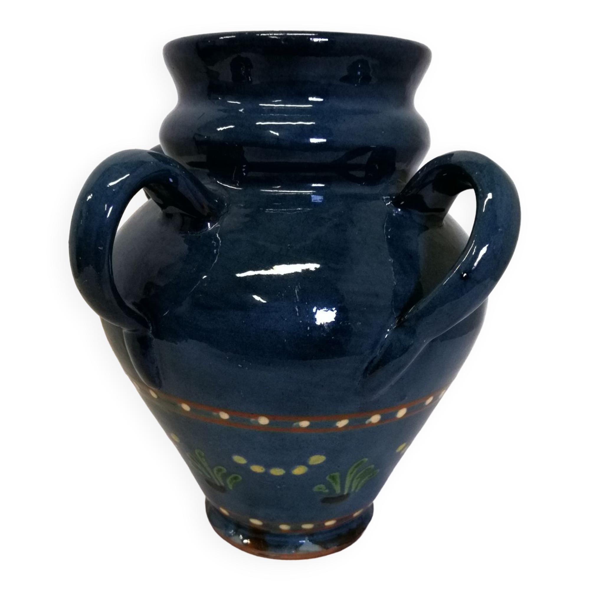 Vase,varnished stoneware pot with 4 handles