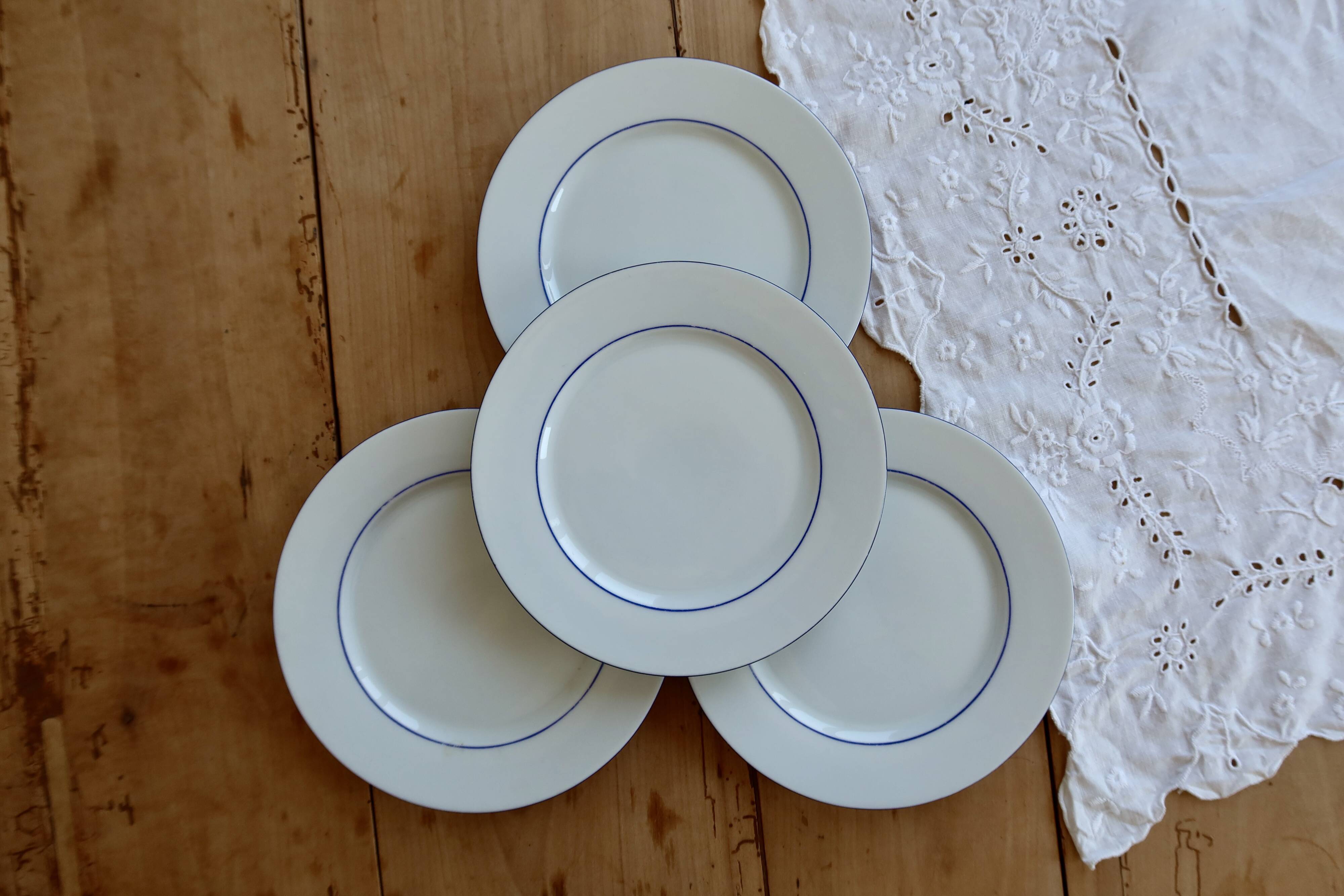 4 vintage dessert plates white porcelain with blue trim