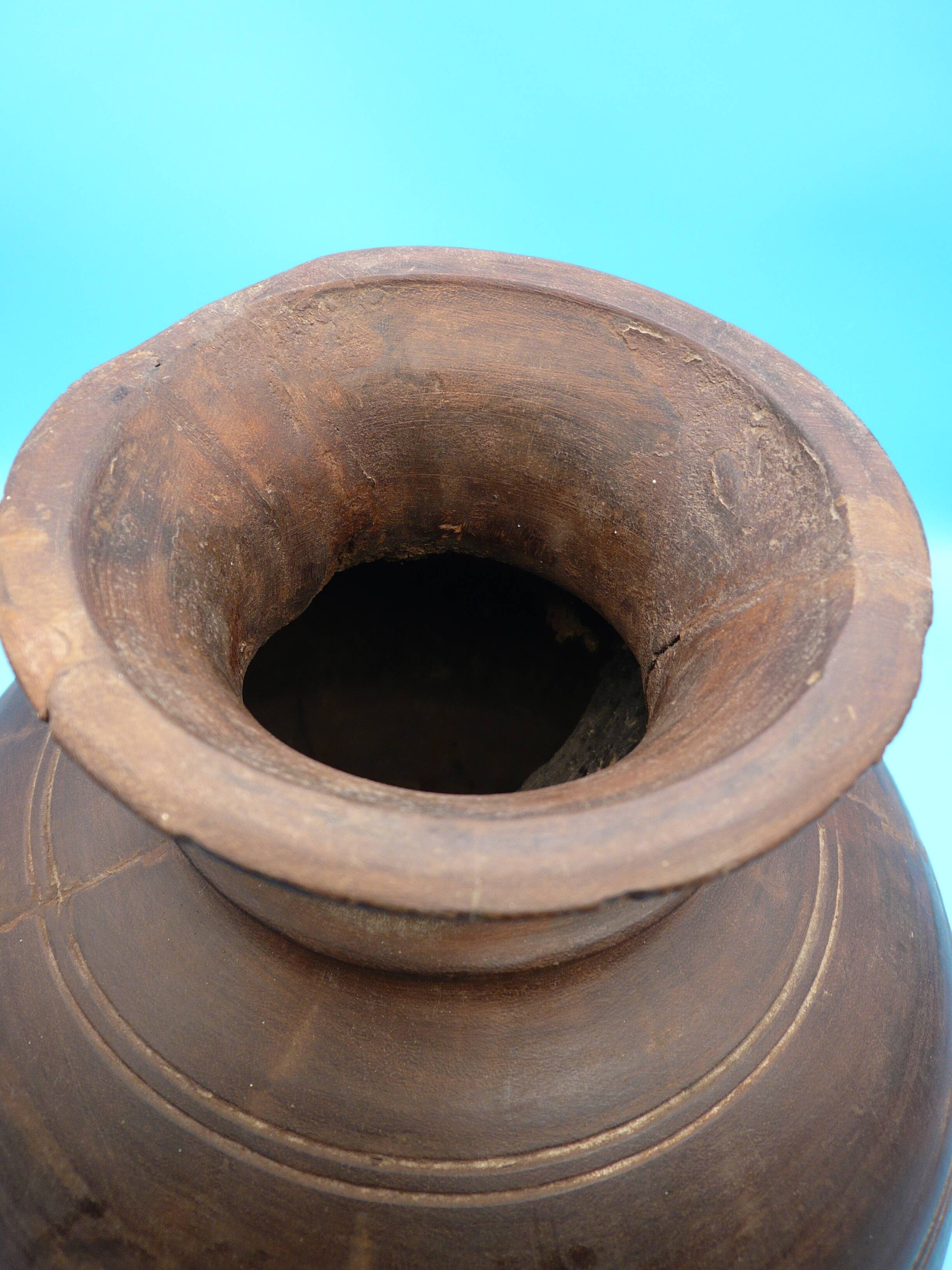 Large carved wooden pot / India