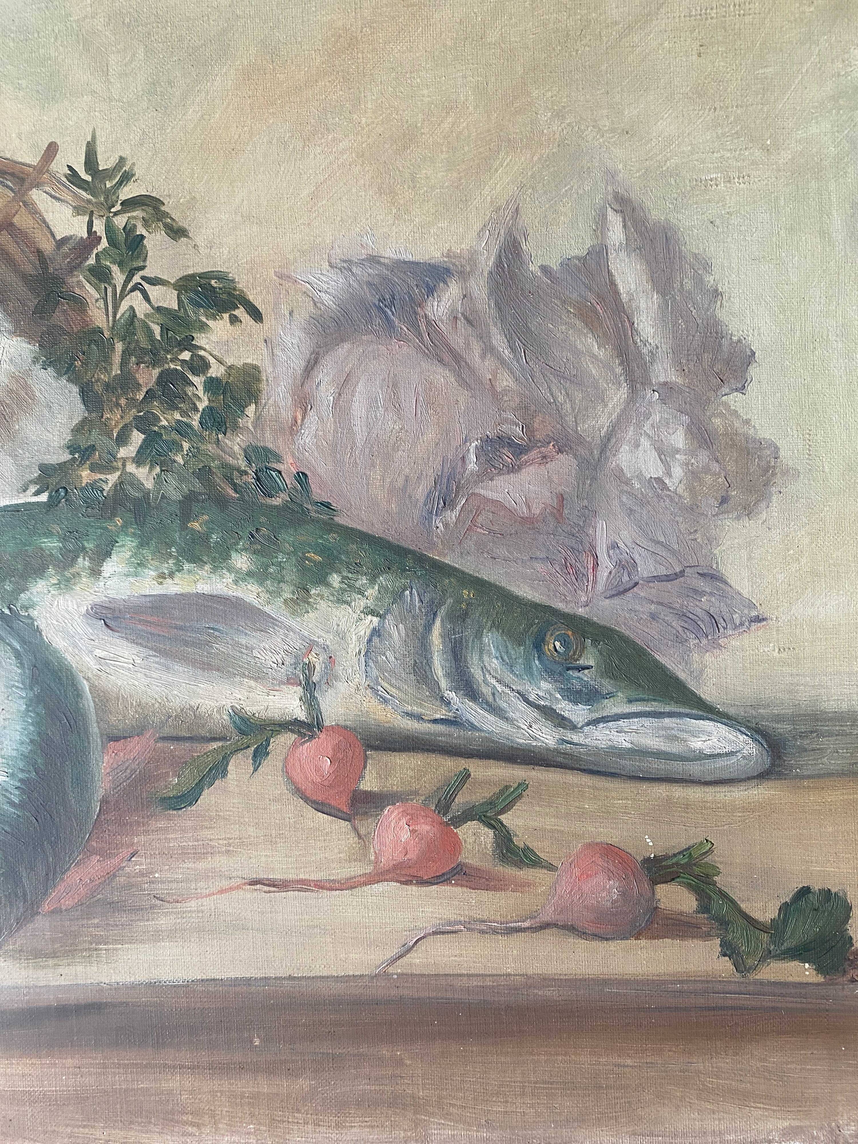 HST painting "Still life with basket and pike" signed H. Baillet 1912