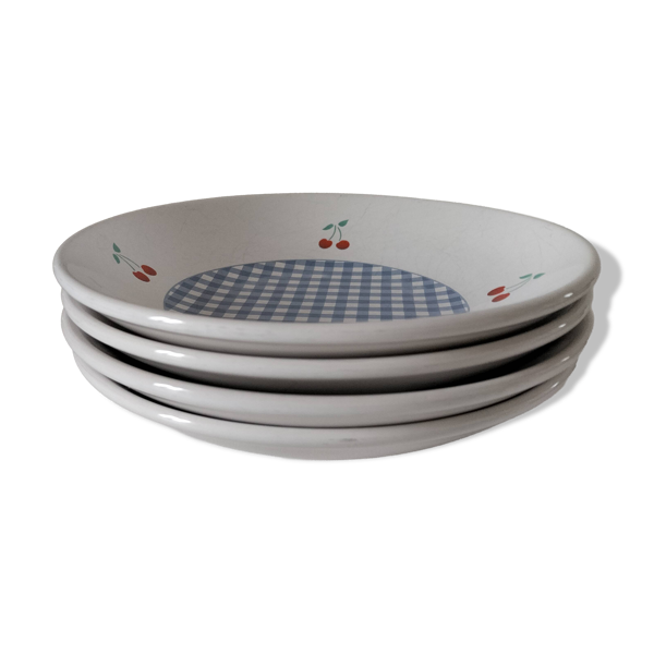 4 assiettes creuses vintage à motif vichy bleu et cerises