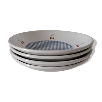 Set of 4 vintage soup plates – blue gingham & cherry pattern