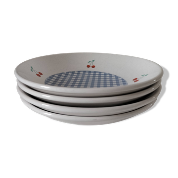 Set of 4 vintage soup plates – blue gingham & cherry pattern