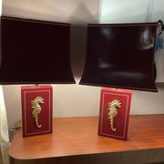 Pair of table lamps in Bordeaux lacquered wood and brass seahorse