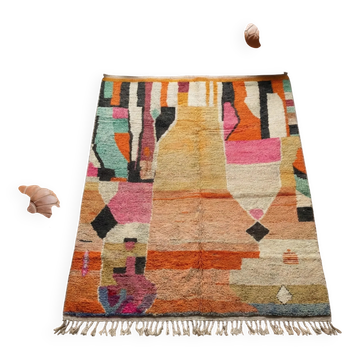 Tapis marocain en laine tissé main colorblock pêche, rose, bleu canard et orange, 122x183 cm