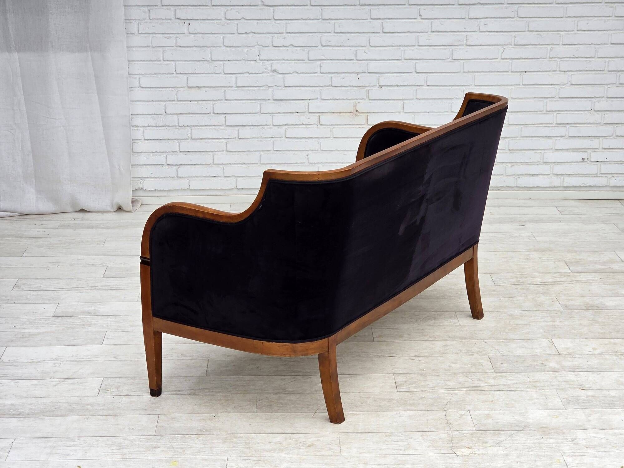 1950s, Danish art deco 2-seater sofa, ash wood, furniture velour.