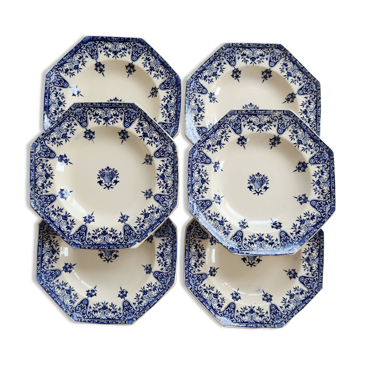 6 deep plates made of ironstone Longchamp Rouen 19th century