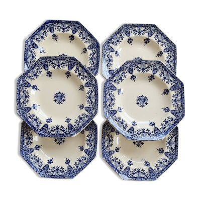 6 assiettes creuses terre de fer Longchamp Rouen XIXe siècle