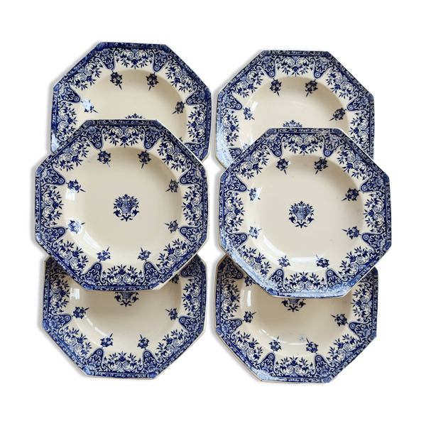 6 assiettes creuses terre de fer Longchamp Rouen XIXe siècle