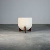 Totemo stool by forme, ivory dedar bouclé upholstery, walnut legs