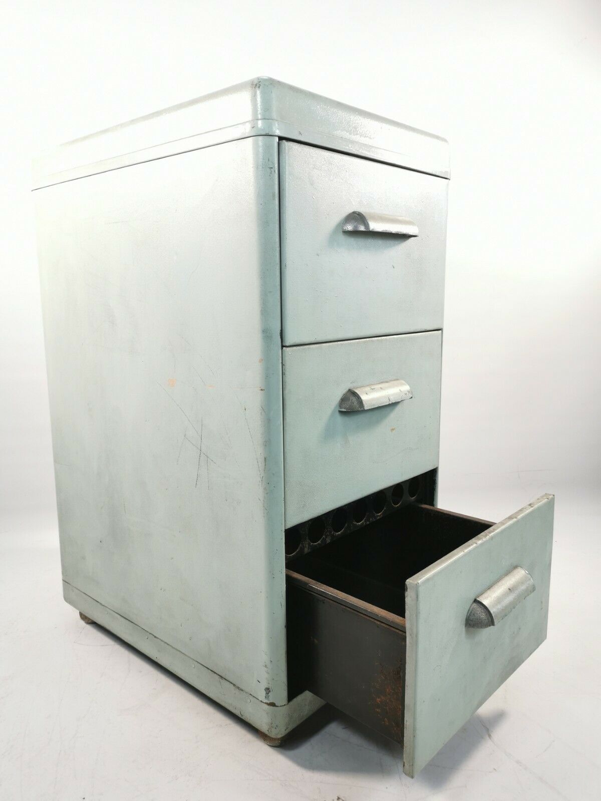 Antique Vintage Industrial 20th Century Light Blue Chest Of 3 Drawers