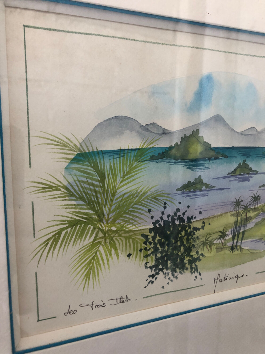 Watercolor painting nadine martinique the three islets + wood frame #a223
