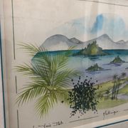 Watercolor painting nadine martinique the three islets + wood frame #a223
