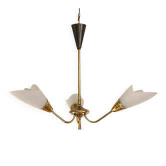 Vintage gold metal brass tulip glass suspension light type Arlus.