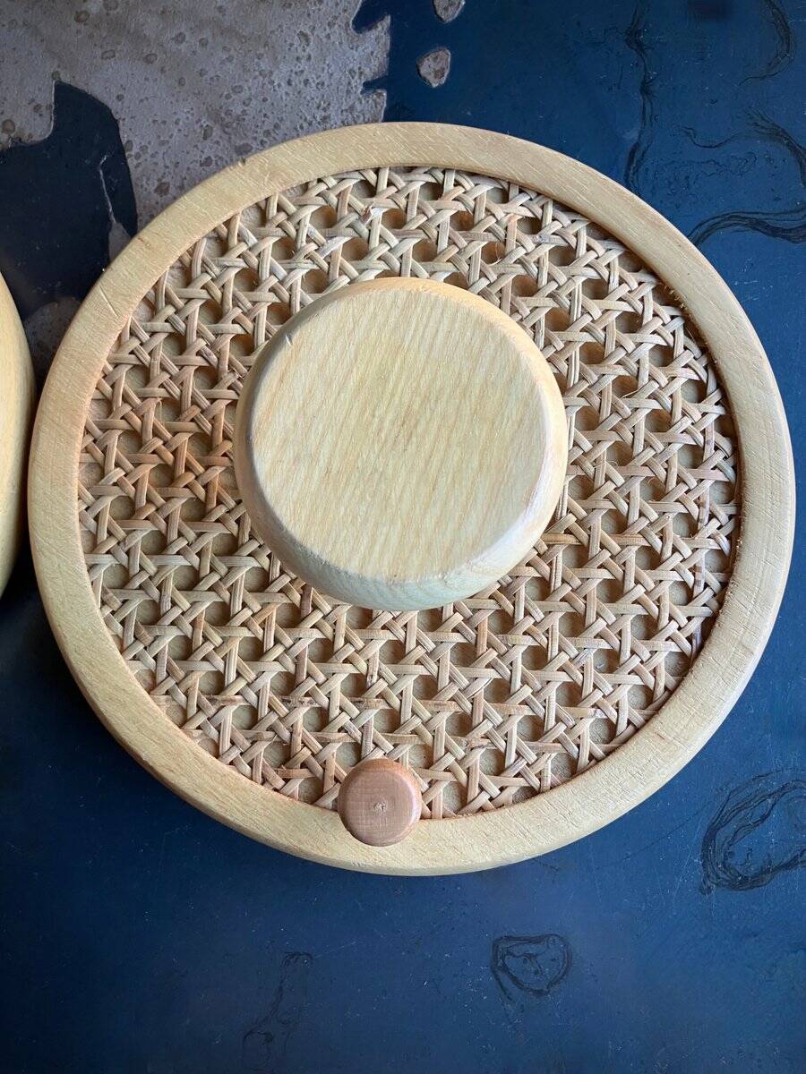 Coat Wall Hooks in Wood and Woven Cane, 1960s, Set of 2