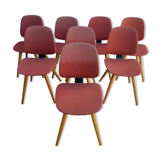 Ensemble de 8 chaises Thonet ancienne vintage bois et tissu rouge