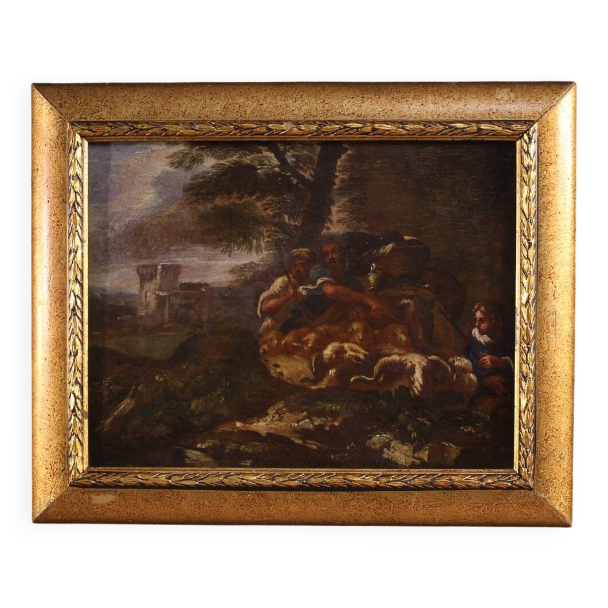 Peinture italienne antique du XVIIIe siècle, paysage avec scène pastorale