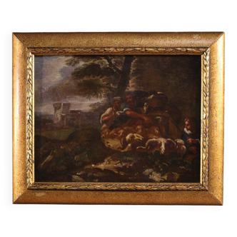 Antique Italian painting from the 18th century, landscape with pastoral sce