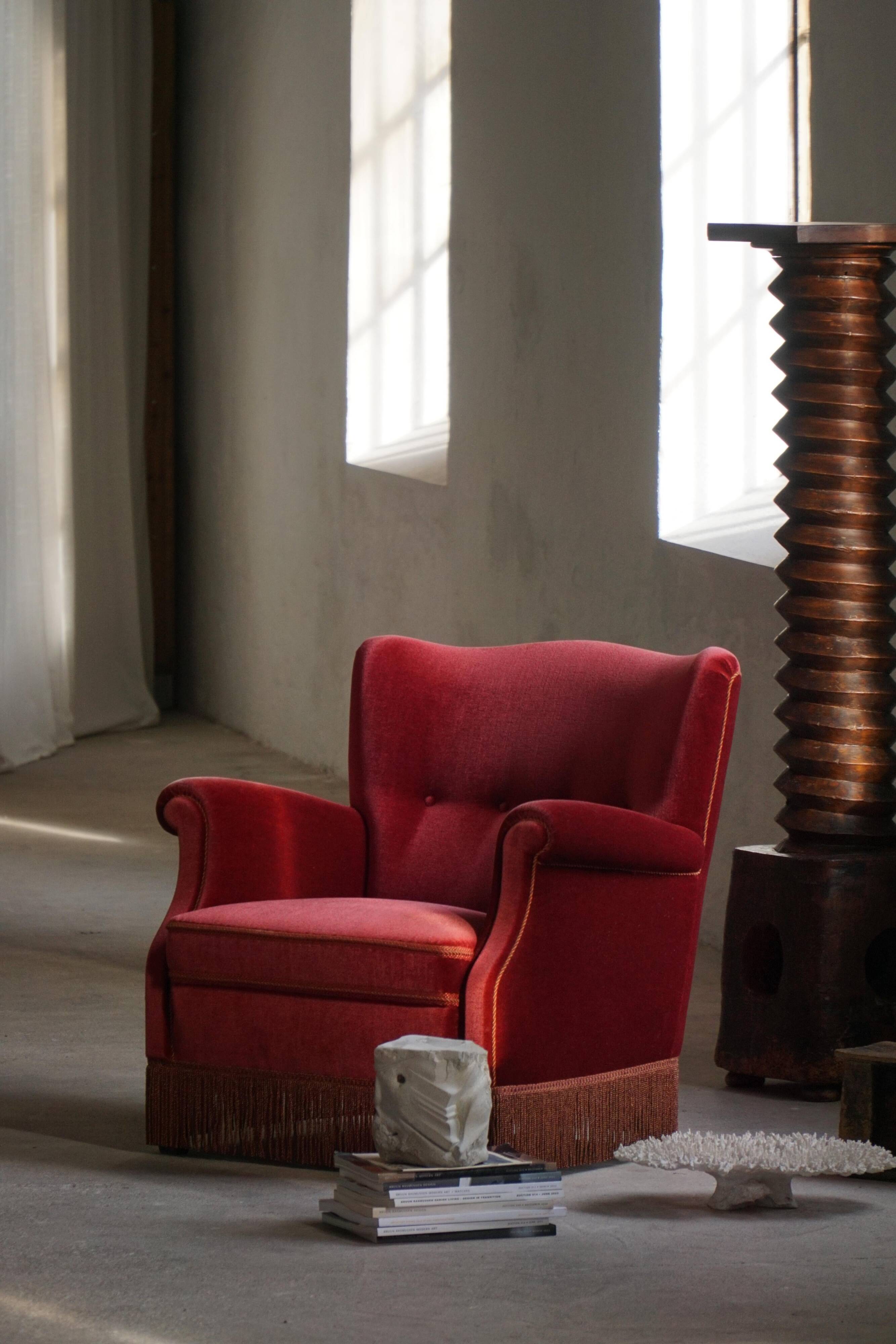 Pair of modern Danish lounge chairs, cherry red velvet, 1950s