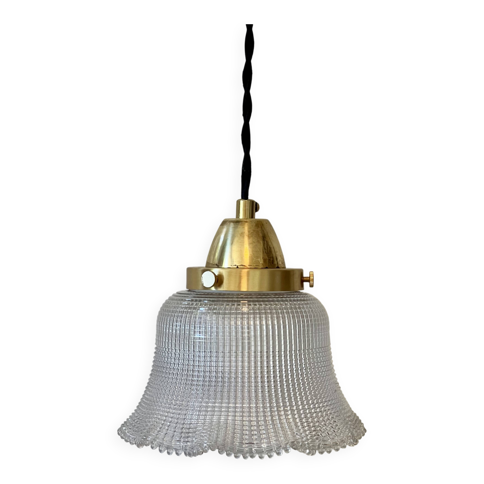 Industrial Holophane glass portable lamp with brass hook