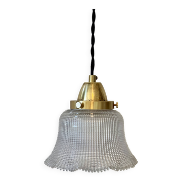 Industrial Holophane glass portable lamp with brass hook