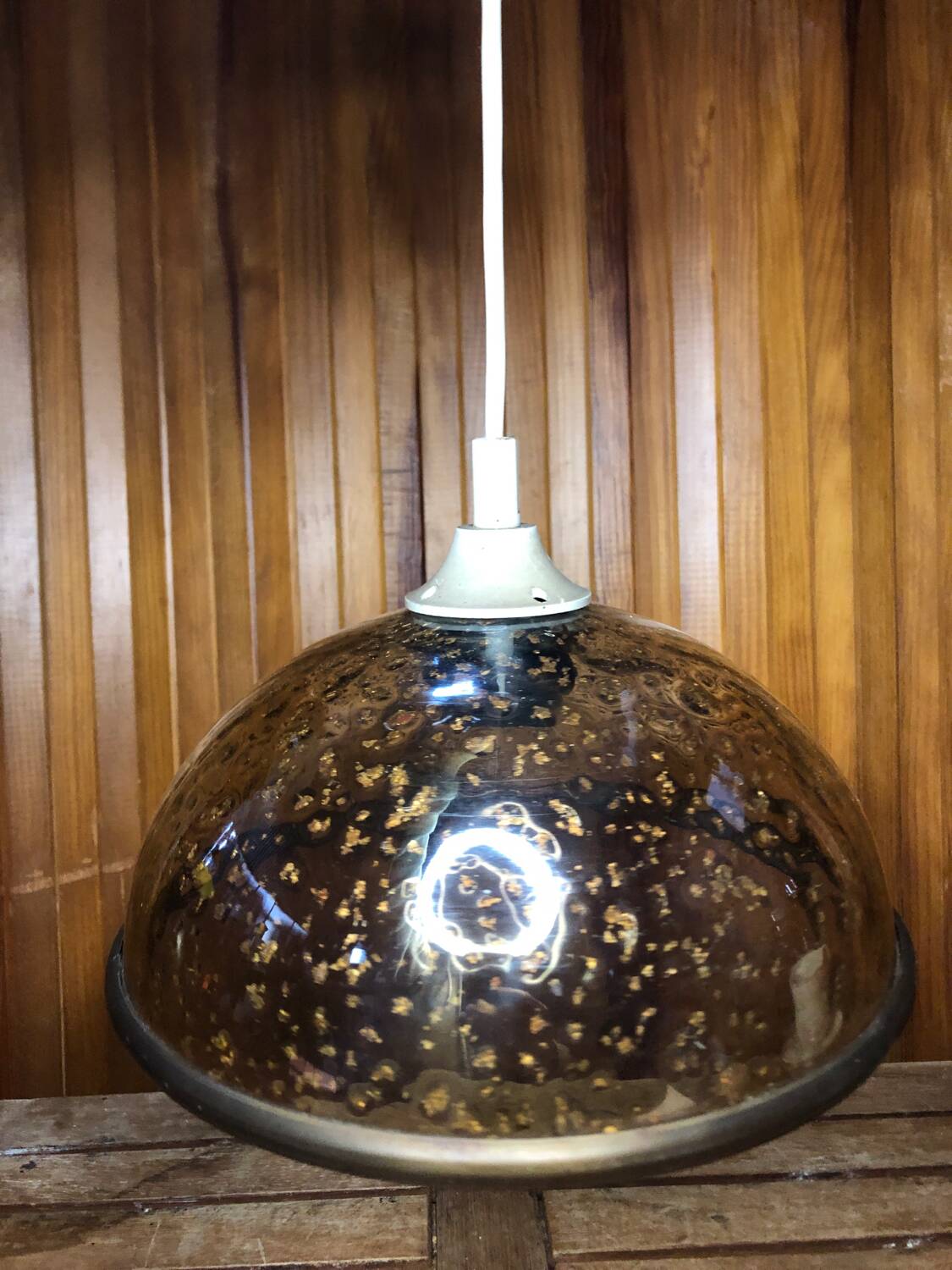Old pendant lamp molded glass gold inlay + vintage brass contour
