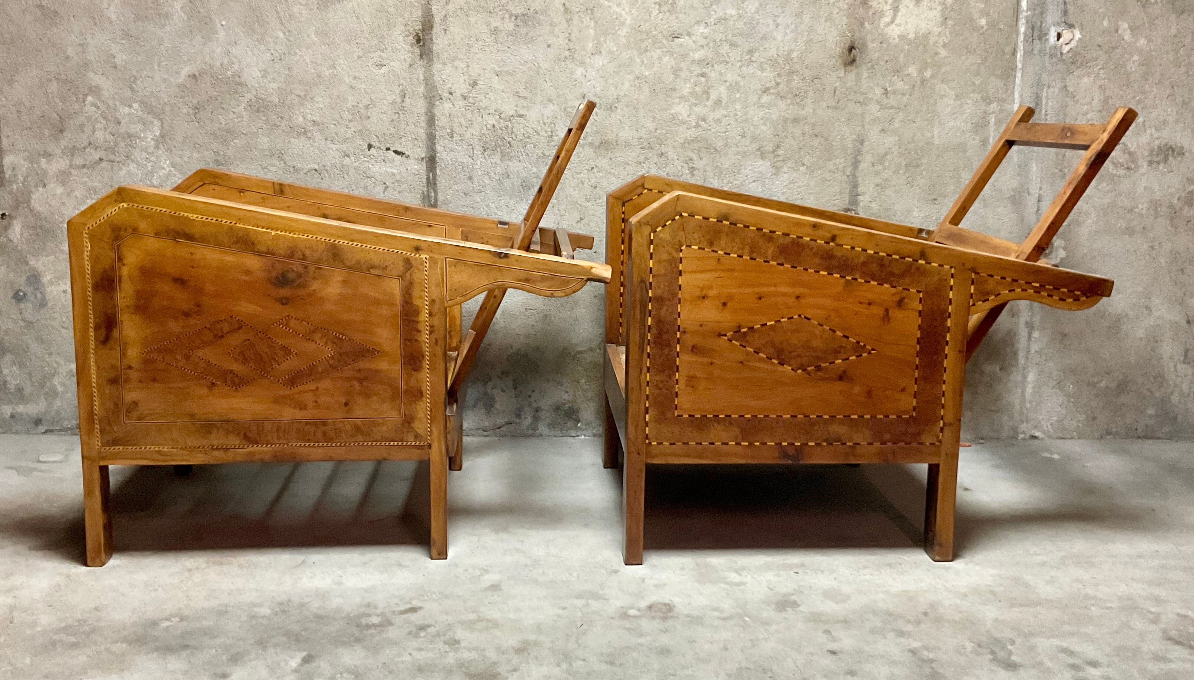 Vintage wooden veranda armchairs with inlaid marquetry 1930s
