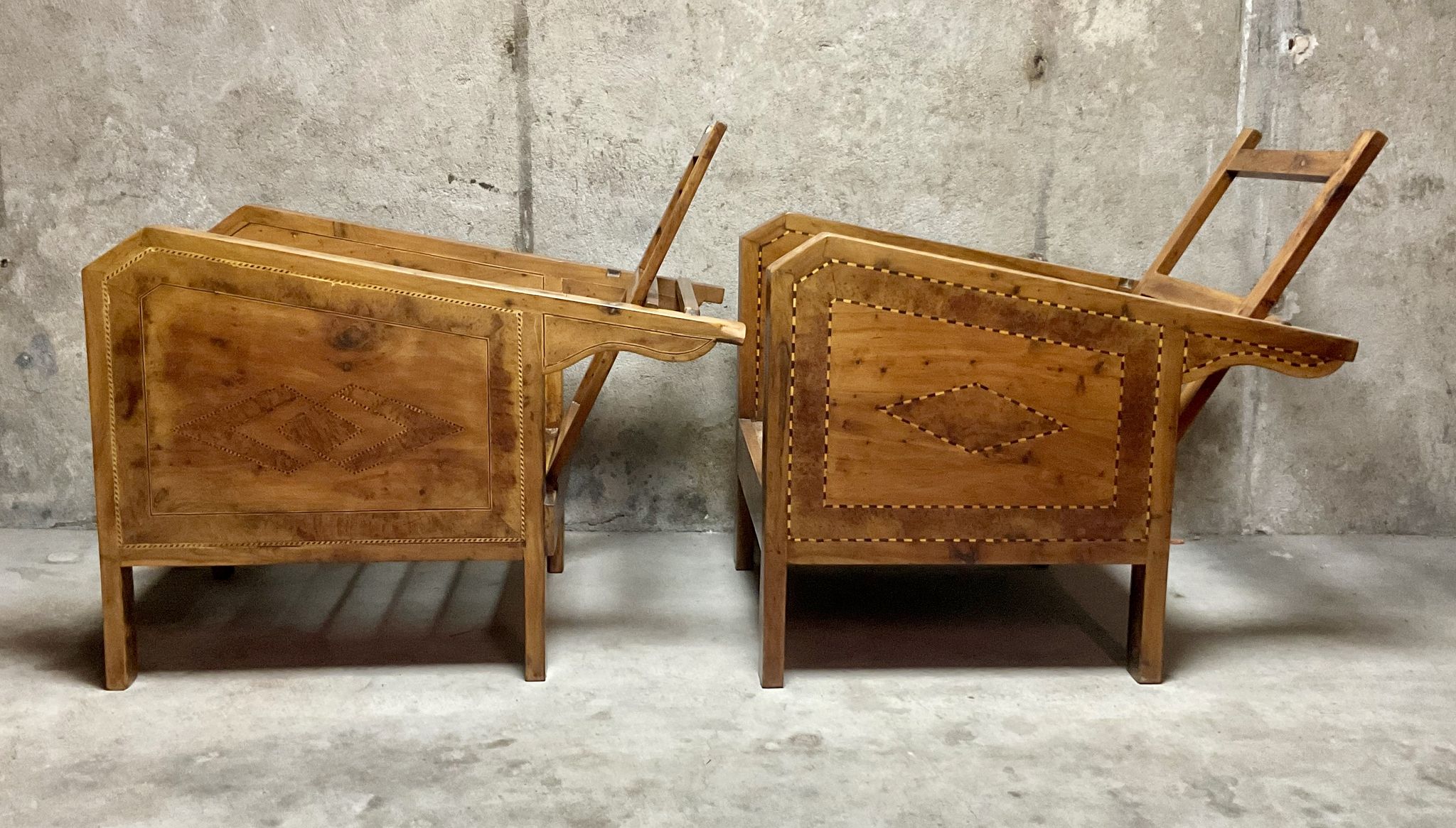 Fauteuils de véranda vintage en bois avec marqueterie incrustée 1930s