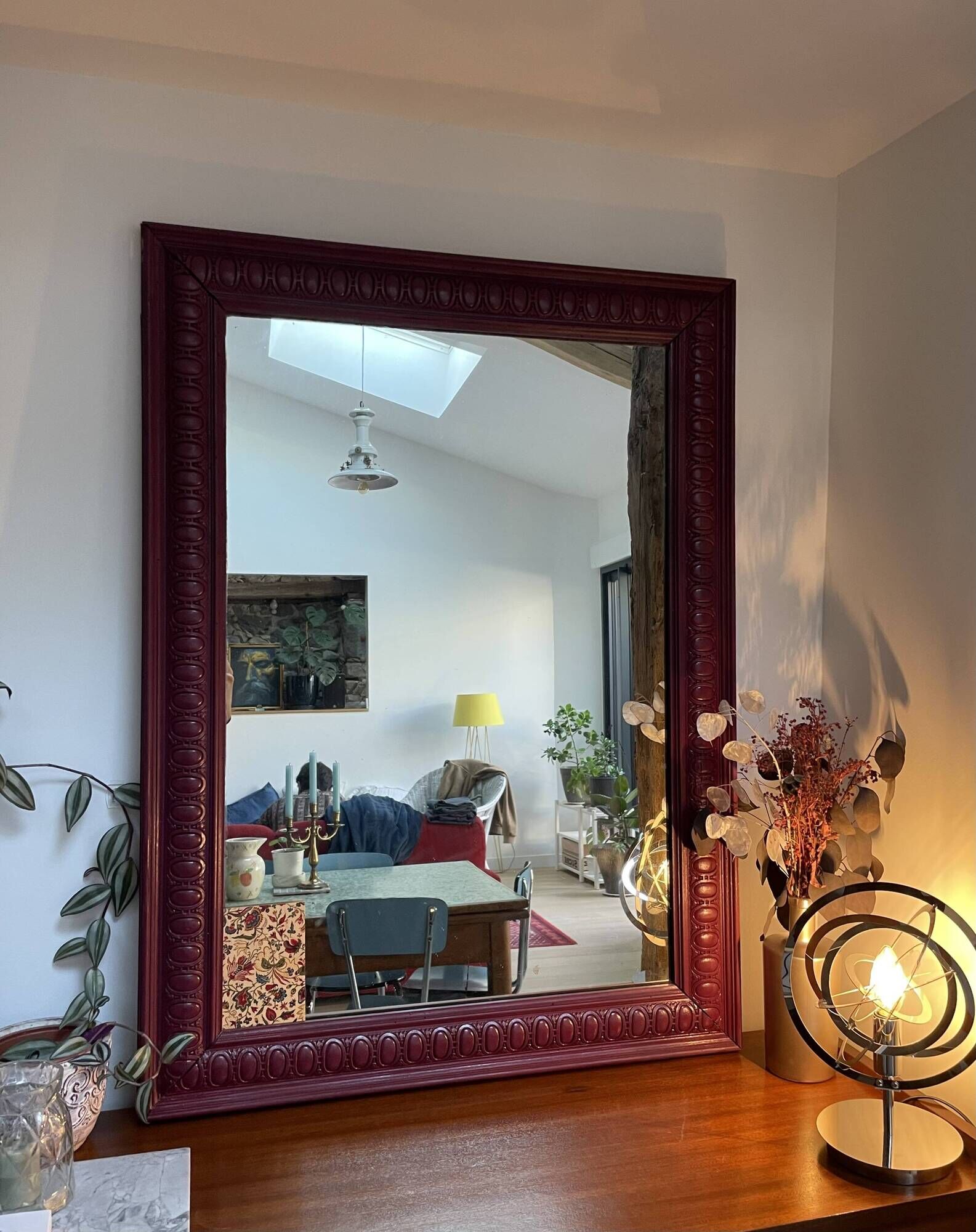 Large antique moulded mirror in wine red / plum (101 x 74 cm)