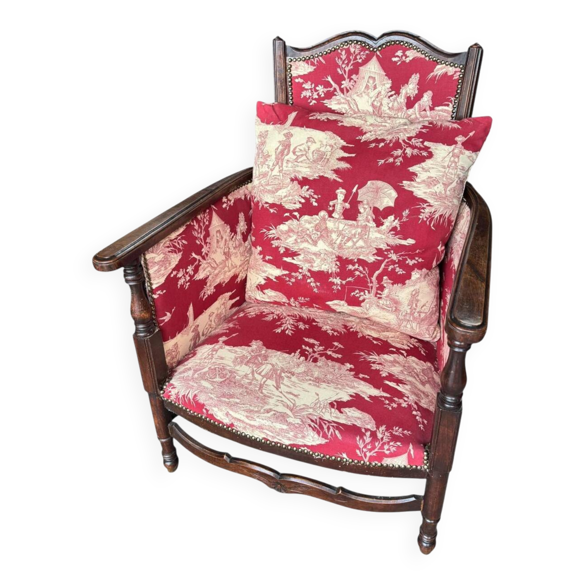 Antique armchair from around 1900, solid wood – red toile de Jouy.