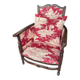 Fauteuil ancien vers 1900 bois massif – toile de Jouy rouge
