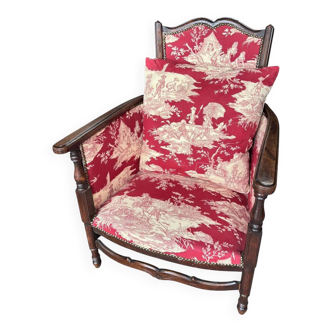 Antique armchair from around 1900, solid wood – red toile de Jouy.