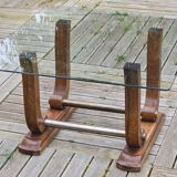 Table basse Art déco en verre, bois et laiton