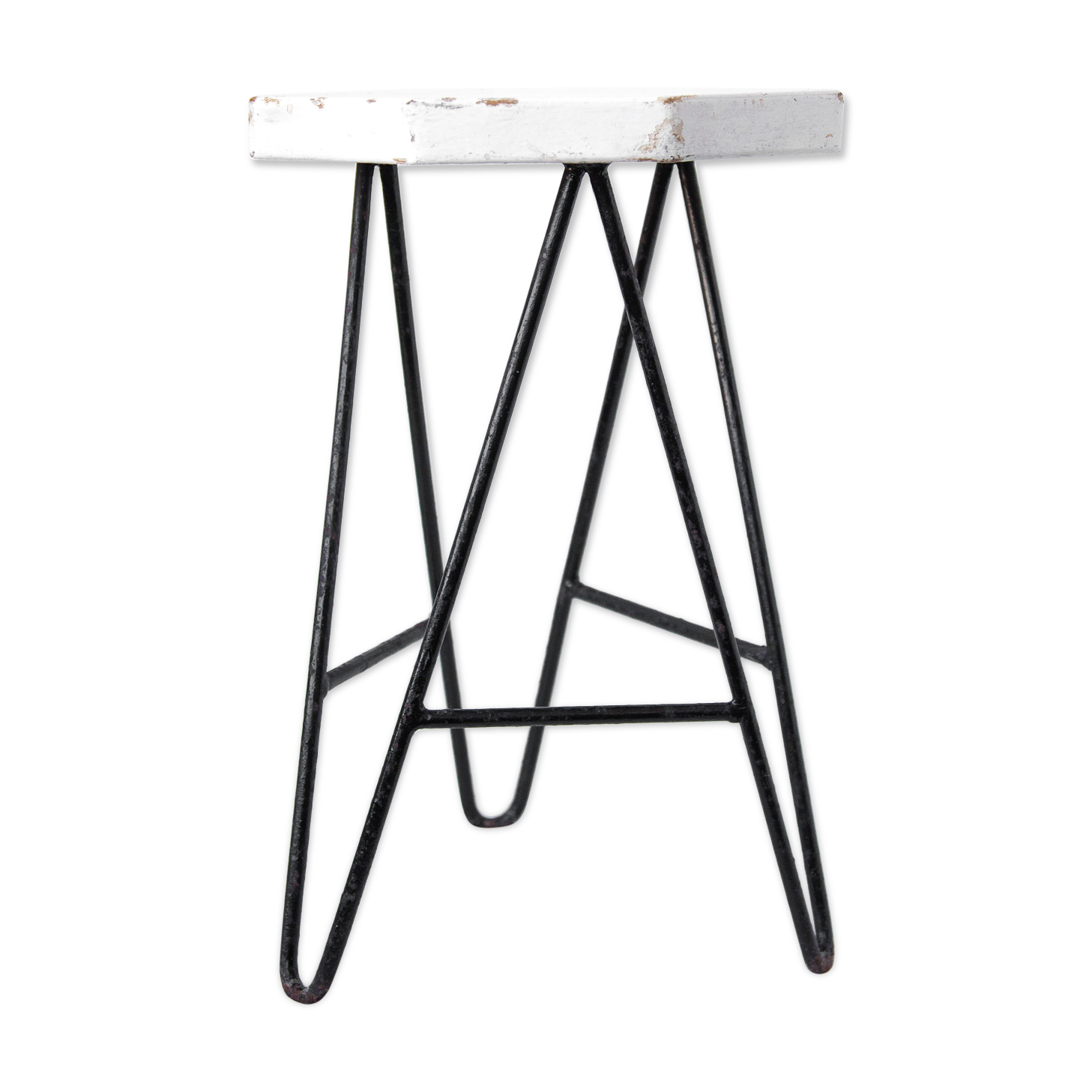 Vintage stool, wooden stool and iron structure, extra stool, octagonal wood seat, cui