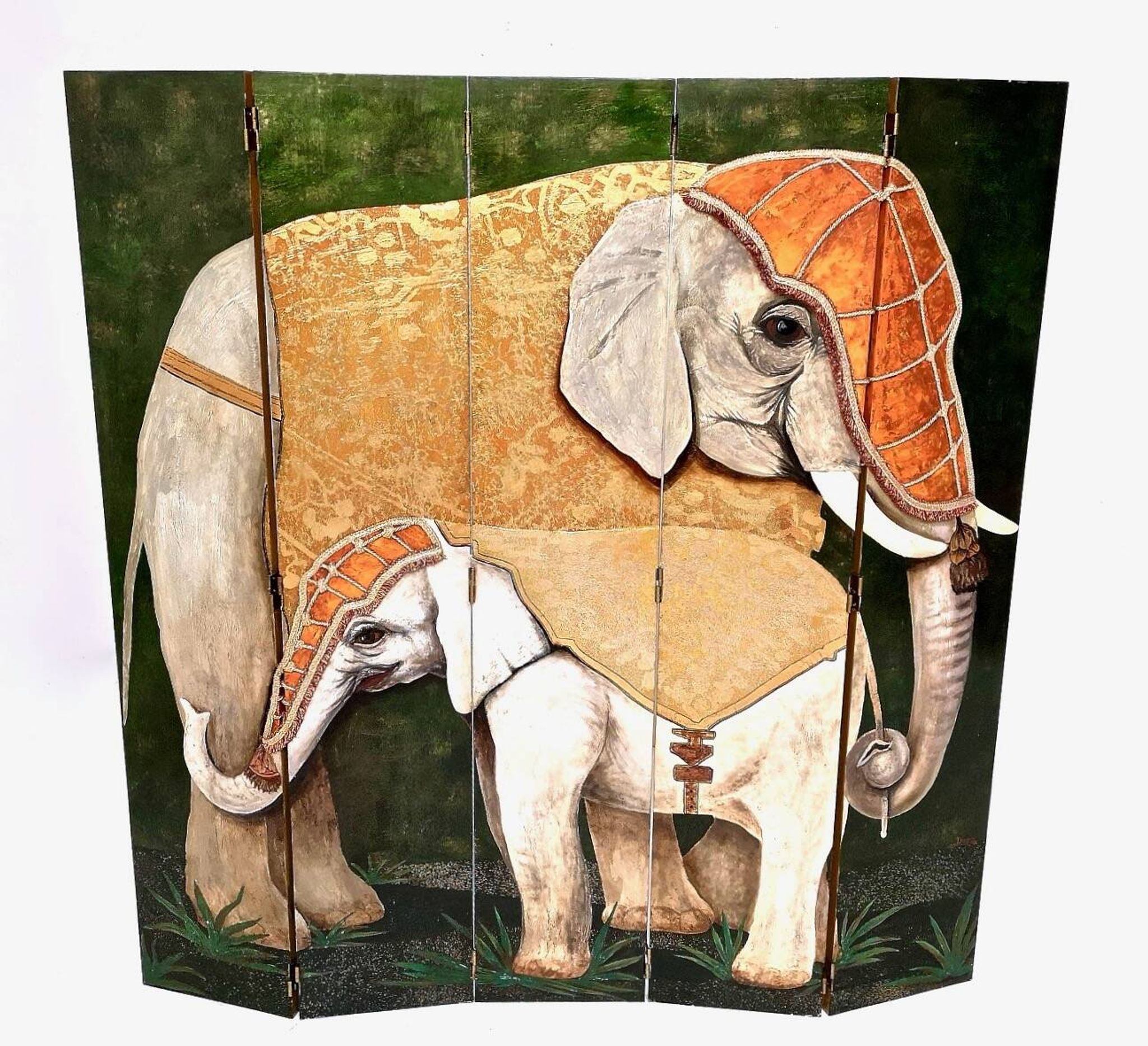 Postmodern five-panel room divider by doro with two asiatic elephants, italy