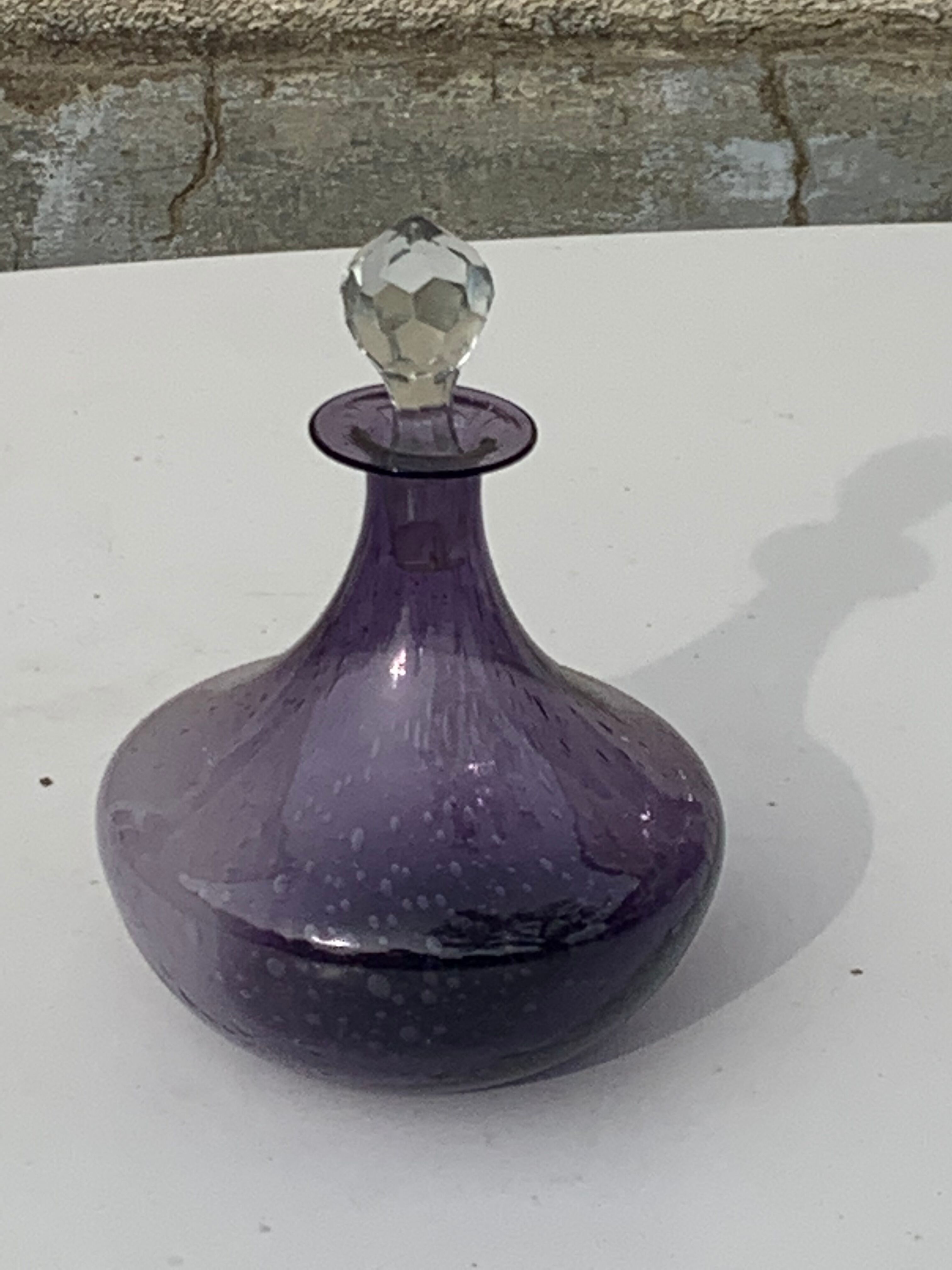 Bubble and purple blown glass decanter and faceted cut glass cap