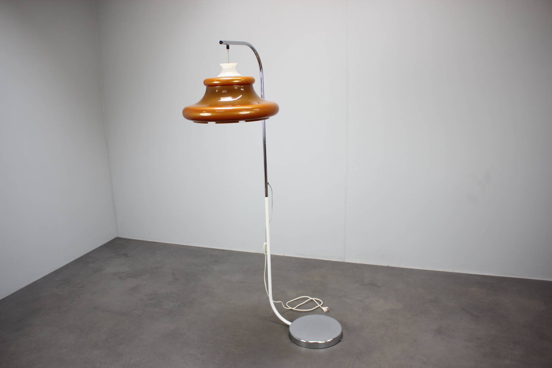 1970s Hungarian space age floor lamp in orange plastic and chrome.