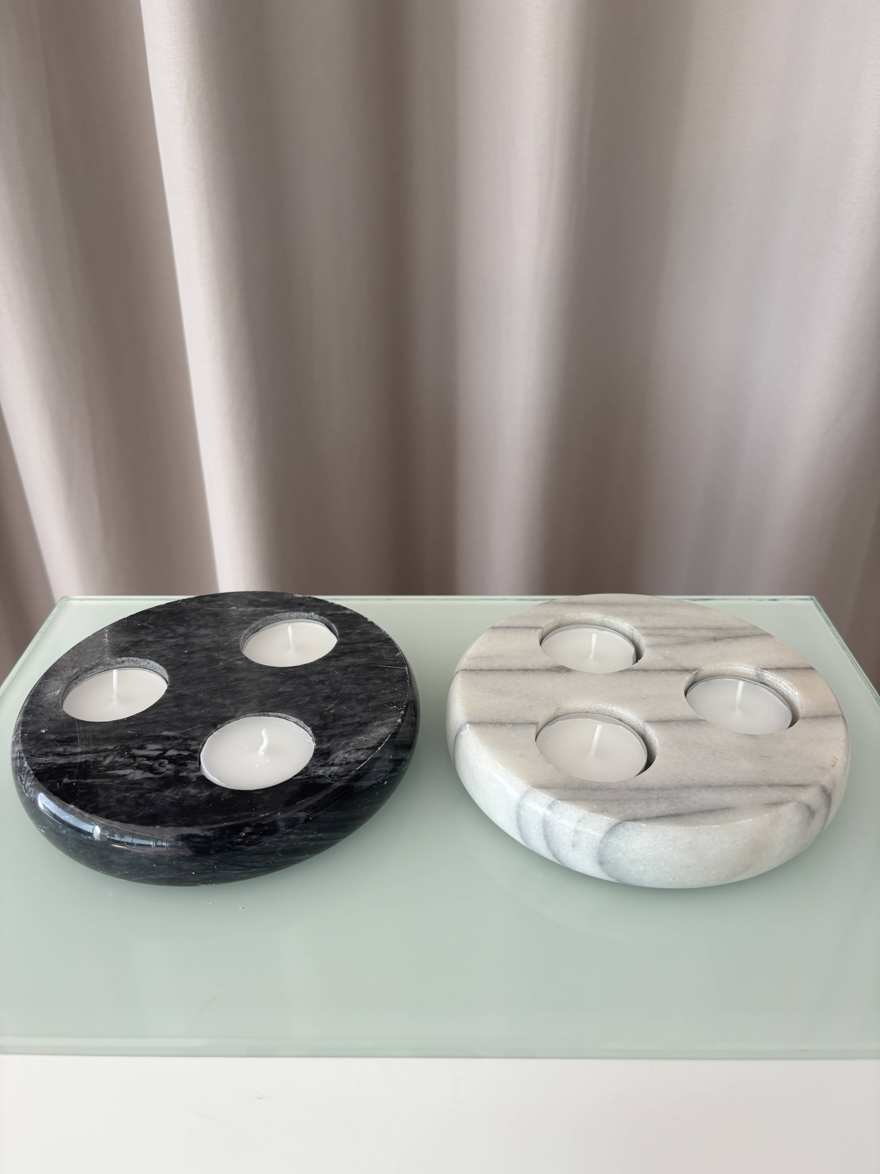 Pair of Vintage Marble Triple Tealight Candle Holders – Black & White