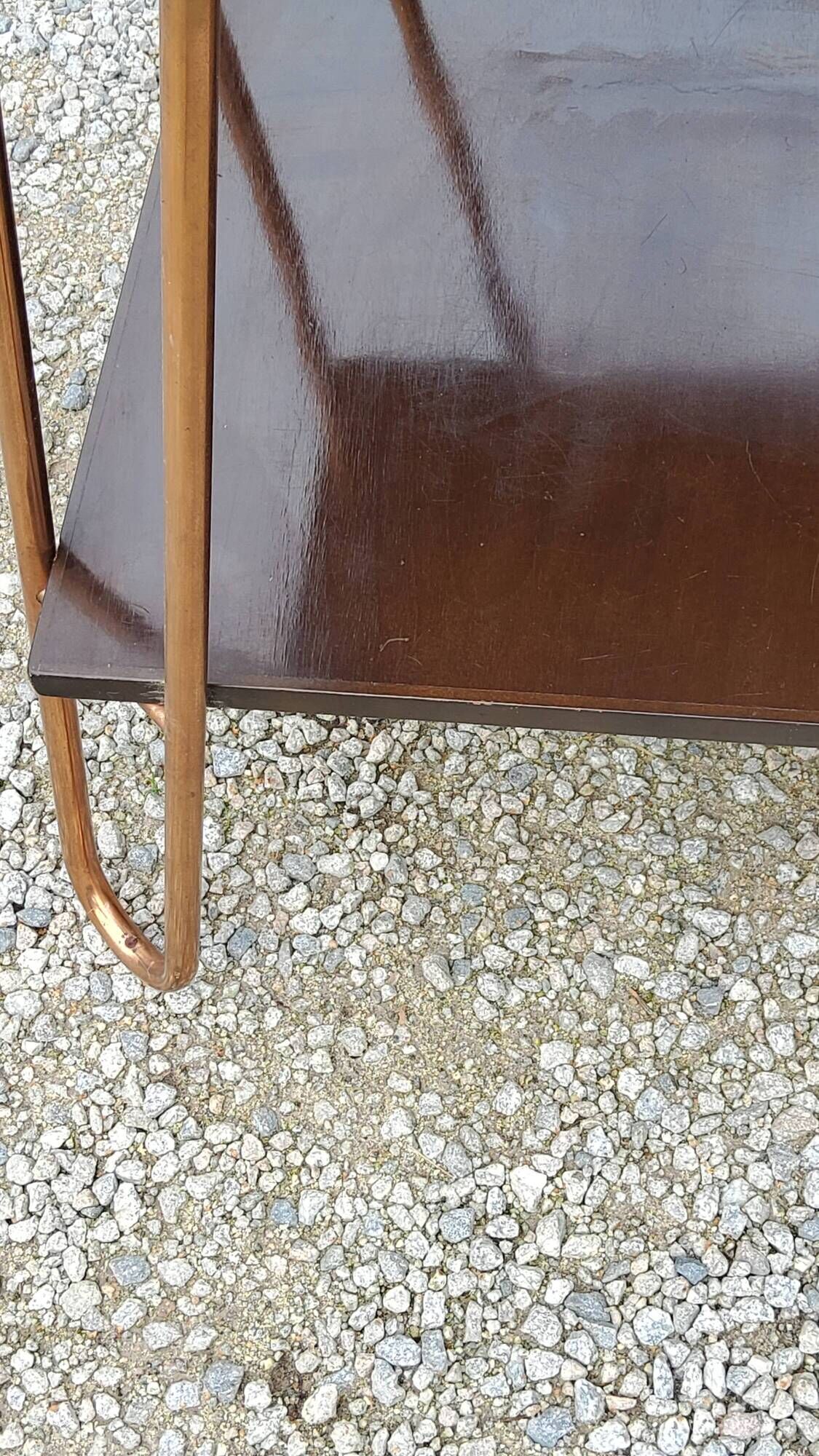 Vintage double wooden side table with copper base from the 50s
